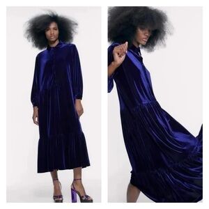 ZARA Navy Blue Ribbed Velvet Long Sleeve Button Front Midi Dress Small Blogger